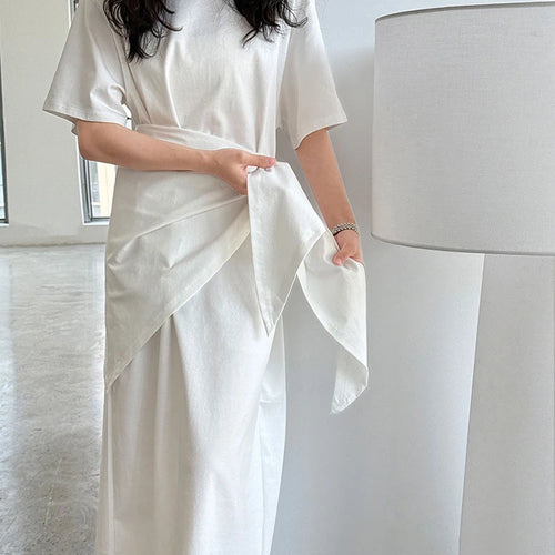 Load image into Gallery viewer, Women White Bandage Irregular Big Size Midi Dress New Round Neck Short Sleeve Fashion Tide Spring Summer 2025 1DJ1263
