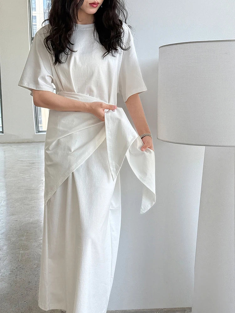 Women White Bandage Irregular Big Size Midi Dress New Round Neck Short Sleeve Fashion Tide Spring Summer 2025 1DJ1263