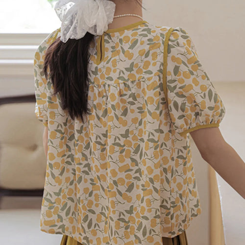 Load image into Gallery viewer, O-neck Puff Sleeve Floral Women Blouse Korean Style Loose Fashion Elegant Office Ladies Summer Chic Casual Blouses
