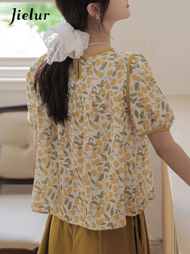 O-neck Puff Sleeve Floral Women Blouse Korean Style Loose Fashion Elegant Office Ladies Summer Chic Casual Blouses