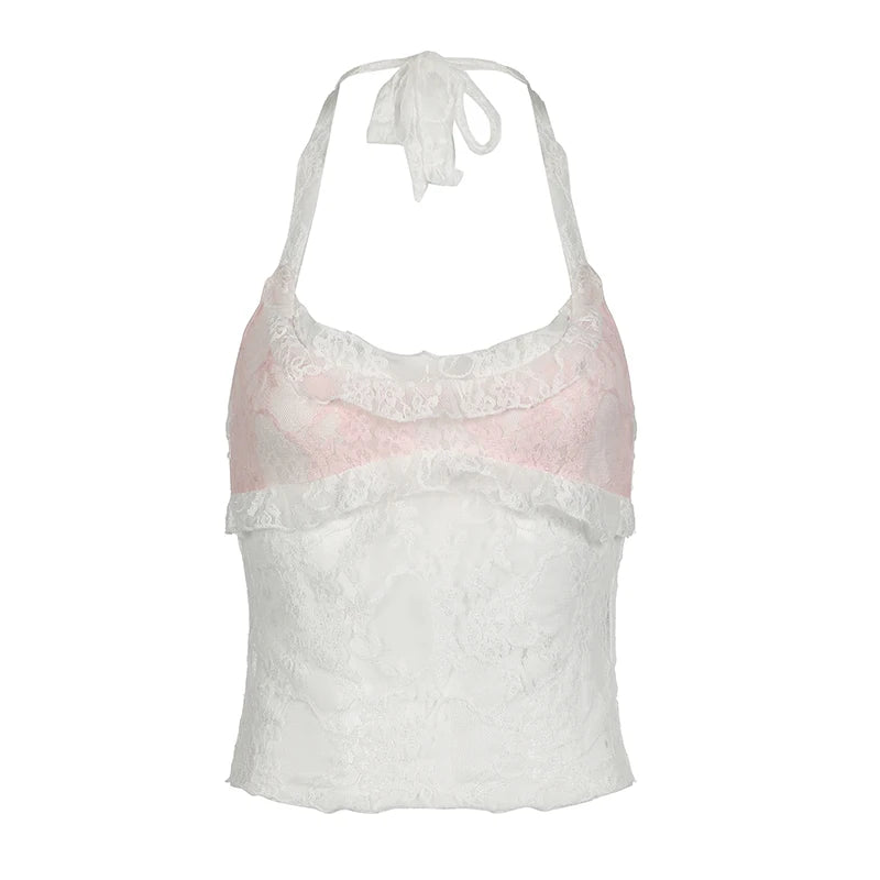 Fashion Chic Ruffles Sexy Lace Top Backless Mini Ruched Y2K Aesthetic See Through Summer Halter Top Female Sweet Hot