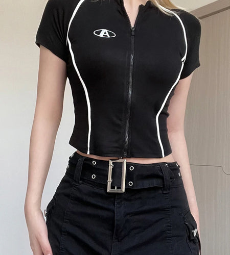 Streetwear Stripe Stitched Zipper Female T-shirts Embroidery Crop Top Bodycon Casual Moto&Biker Summer Tee Shirt Y2K