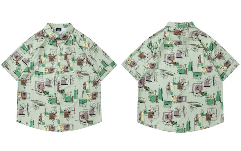 Summer Hawaiian Shirt Harajuku Graffiti Graphic Printed Button Up Beach Blouse Men Hip Hop Casual Baggy Short Sleeve Shirts Tops