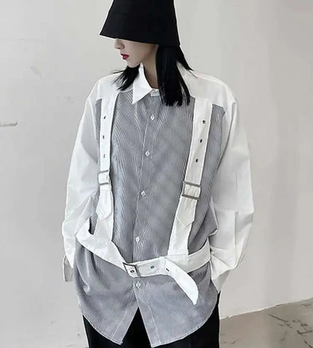 Women Black Striped Buckle Big Size Blouse New Lapel Long Sleeve Loose Fit Shirt Fashion Tide Spring Autumn 2025 1DF1107