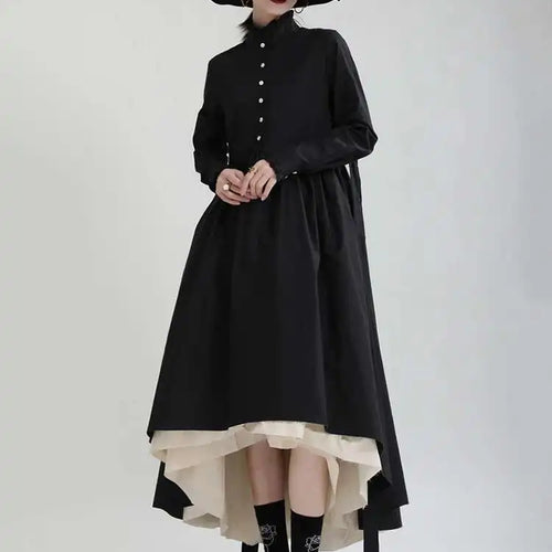 Load image into Gallery viewer, Women Black Layers Irregular Long Elegant Dress New Stand Collar Long Sleeve Fashion Tide Spring Autumn 2025 1DH9894
