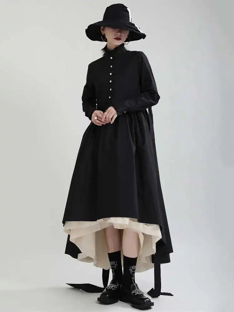 Women Black Layers Irregular Long Elegant Dress New Stand Collar Long Sleeve Fashion Tide Spring Autumn 2025 1DH9894