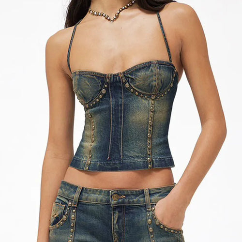 Load image into Gallery viewer, Sexy Spliced Rivet Denim Tank Tops Square Collar Sleeveless Off Shoulder Backless Bandage Slimming Vest Female Summer New
