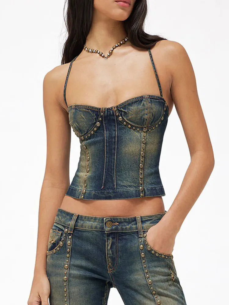 Sexy Spliced Rivet Denim Tank Tops Square Collar Sleeveless Off Shoulder Backless Bandage Slimming Vest Female Summer New