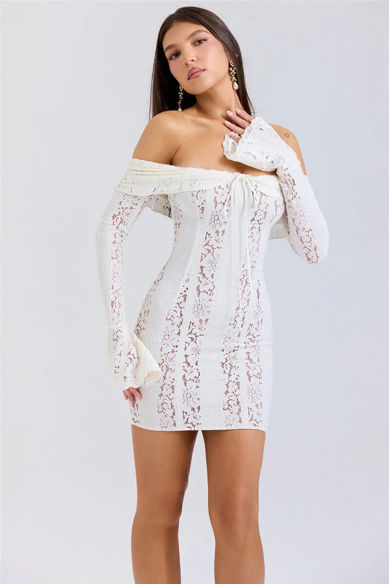 Floral Lace Off-shoulder Maxi Dress For Women White Strapless Backless Long Sleeve Bodycon Club Party Sexy Long Dress