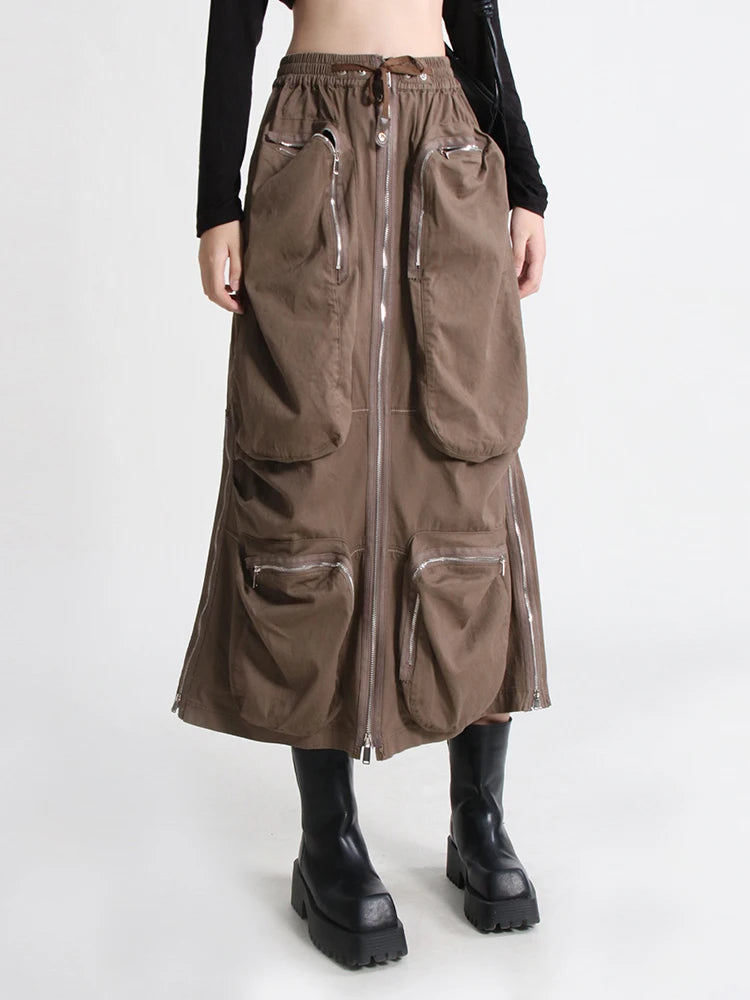 Patchwork Pocket Skirt For Women High Waist Straight Solid Streetwear Midi Skirts Female Clothing Autumn