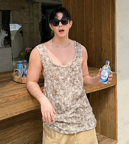 Round Collar Men's Vest Summer Versatile Casual Knitted Scuff Distressed Pullover Tank Top Tie-dye Sleeveless 9C5990