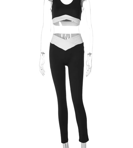 Summer Casual 2 Piece Sets Matching Color V Neck Sexy Slim Crop Tank Top Pants Women Outfits Workout Gym Vacation Y2K