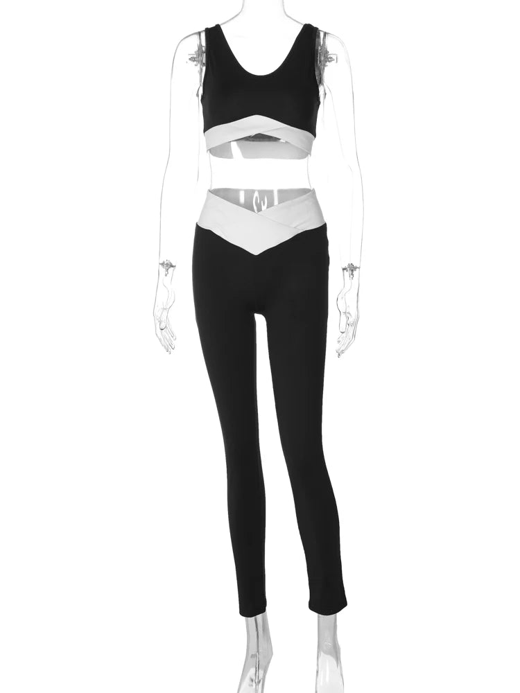 Summer Casual 2 Piece Sets Matching Color V Neck Sexy Slim Crop Tank Top Pants Women Outfits Workout Gym Vacation Y2K