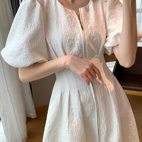 Load image into Gallery viewer, Vintage French Holiday White Dress Short Puff Sleeves Zipper Front A Line Slim Dress Elegant Party Dress Summer
