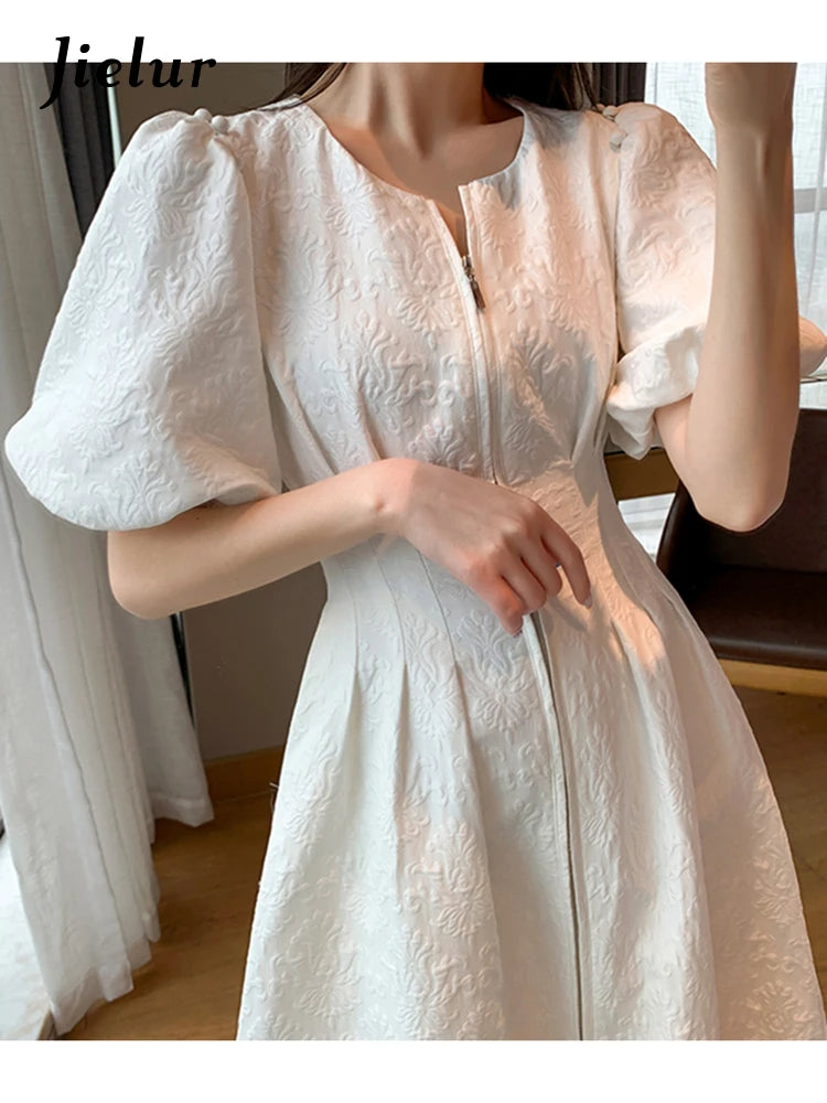 Vintage French Holiday White Dress Short Puff Sleeves Zipper Front A Line Slim Dress Elegant Party Dress Summer