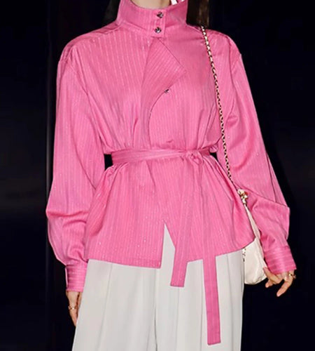 Solid Spliced Lace Up Loose Jackets For Women Lapel Long Sleeve Casual Minimalist Coats Female Fashion Style New