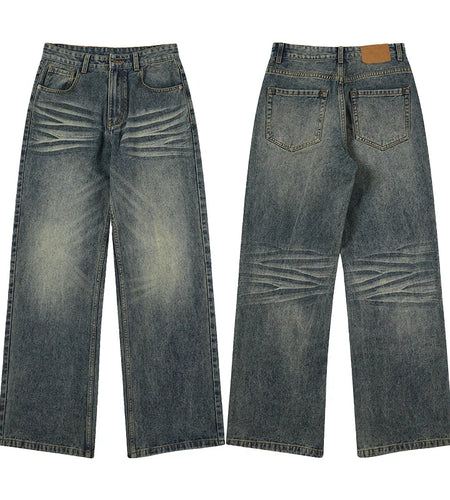 Men's Jeans Nostalgic Washed Cat Beard Design New American Style Straight Leg Gradient Color Tide Male Trousers 9W2025