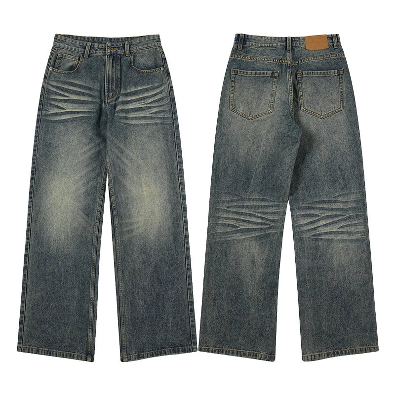 Men's Jeans Nostalgic Washed Cat Beard Design New American Style Straight Leg Gradient Color Tide Male Trousers 9W2025