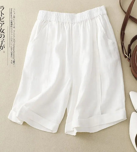 Solid High Waist Office Lady Casual Artistic Cotton Shorts 2025 Summer New Loose Women Pleated Wide Leg Short Pants Holiday Chic