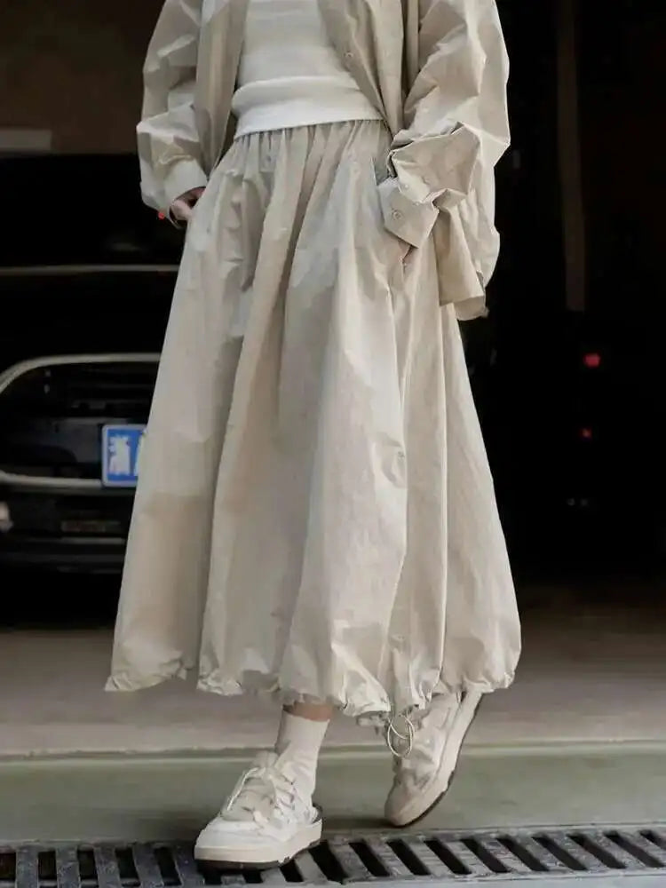 High Elastic Waist Loose Fit Khaki Drawstring Casual Half-body Skirt Women Fashion Tide New Spring Autumn 2025 1DF6695