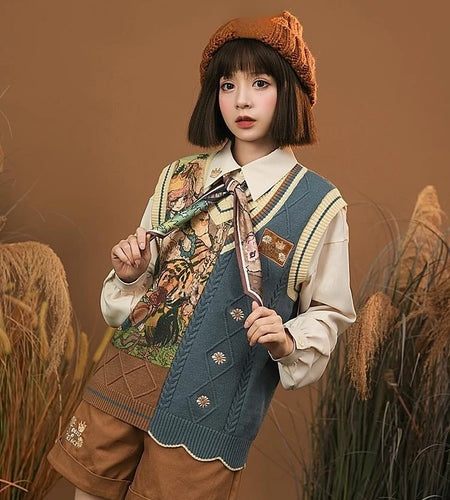 2025 Autumn Sweater Animal Patchwork Knitted Vest Contrast ColorTop for Women Vintage Sleeveless Kawaii Harajuku V-Neck Cardigan