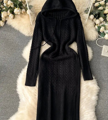 Retro Black Long-sleeved Party Sweater Midi Dress Autumn Winter Hooded Loose Women's Beige Elegant Twists Knitted Hip Wrap Dress