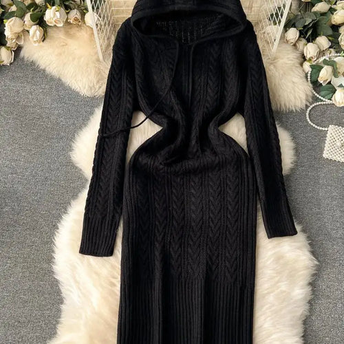 Load image into Gallery viewer, Retro Black Long-sleeved Party Sweater Midi Dress Autumn Winter Hooded Loose Women's Beige Elegant Twists Knitted Hip Wrap Dress

