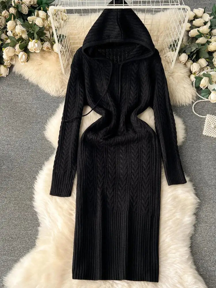 Retro Black Long-sleeved Party Sweater Midi Dress Autumn Winter Hooded Loose Women's Beige Elegant Twists Knitted Hip Wrap Dress