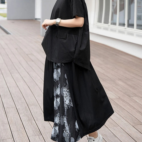 Load image into Gallery viewer, Women Black Irregular Spliced Big Size Casual T-shirt New Round Neck Short Sleeve Fashion Tide Spring Summer 2025 1DJ0488
