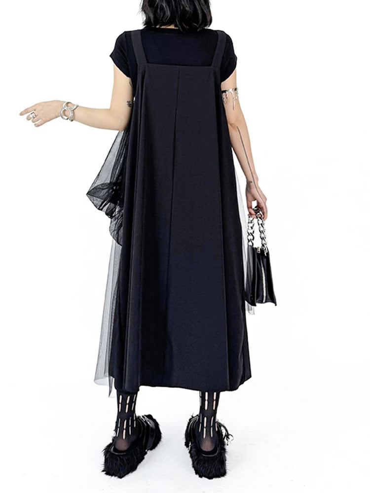 Women Black Irregular Mesh Big Size Strap Dress New Square Collar Sleeveless Fashion Tide Spring Autumn 2025 1DJ1413