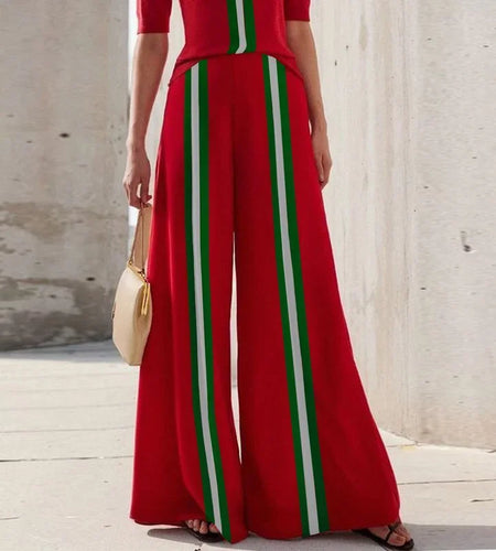 Red Elastic Waist Wide Leg Contrast Color Long Pants Women 2025 Summer Spring Green White Striped Trousers Female