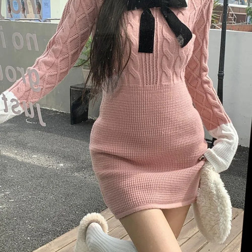 Load image into Gallery viewer, Kawaii Knit Knitted Sweater Pink Mini Dress School Student Preppy Style Japanese Cute Polo Bodycon Short Dresses
