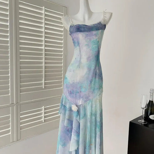 Load image into Gallery viewer, Summer French Blue Tie Dye Backless Irregular Long Dresses Women Vintage Elegant Sexy Sleeveless Ruffles Party Dress Ladies Boho
