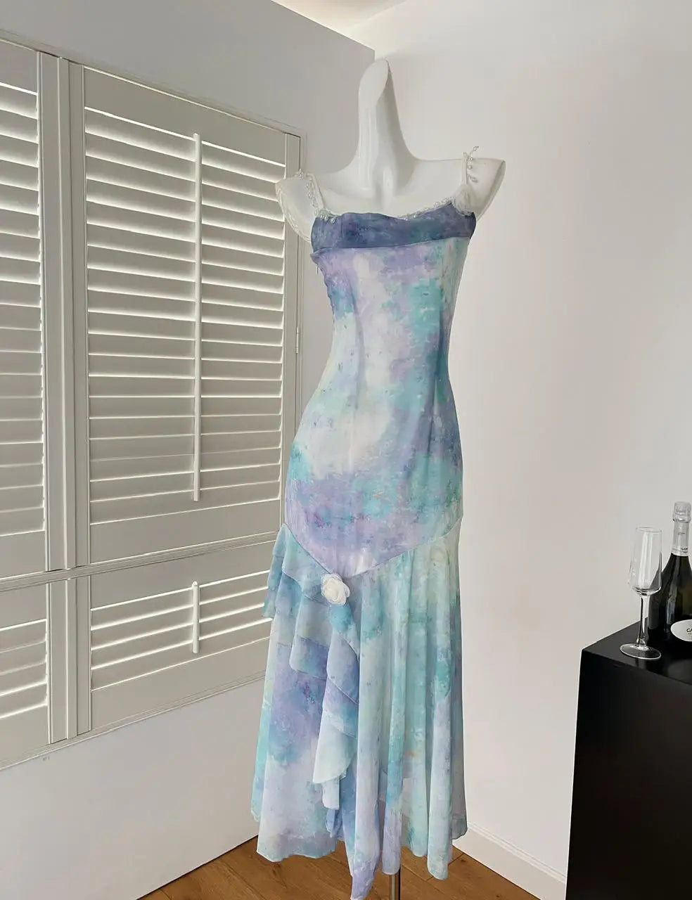 Summer French Blue Tie Dye Backless Irregular Long Dresses Women Vintage Elegant Sexy Sleeveless Ruffles Party Dress Ladies Boho