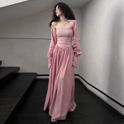 Load image into Gallery viewer, Temperament Solid Dresses For Women Slash Neck Long Sleeve High Waist Folds Elegant Dress Female Fashion
