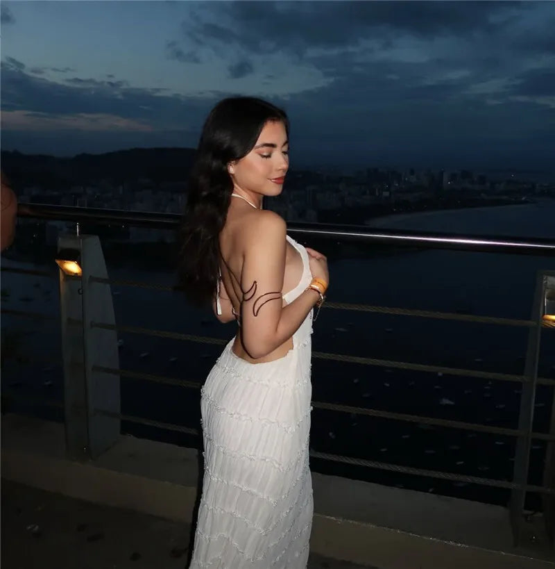 Halter Backless Sexy Maxi Dress For Women Spring Summer New Lace-up Sleeveless Pleated Beach Holiday Long Dress Elegant