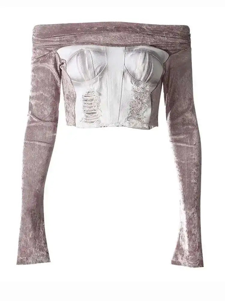 Velvet Denim T-shirt Half-body Skirt Two Pieces Suit New Slash Neck Long Sleeve Women Fashion Spring Autumn 2025 7AB6039