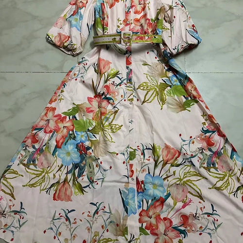Load image into Gallery viewer, Patchwork Belt Floral Printing Elegant Dresses For Women Stand Collar Lantern Sleeve High Waist Temperament Dress Female New
