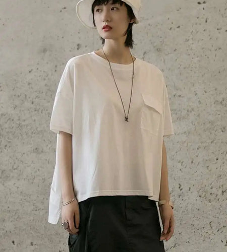 Women White Asymmetric Pockets Big Size Casual T-shirt New Round Neck Half Sleeve Fashion Tide Spring Autumn 2025 1DF5347