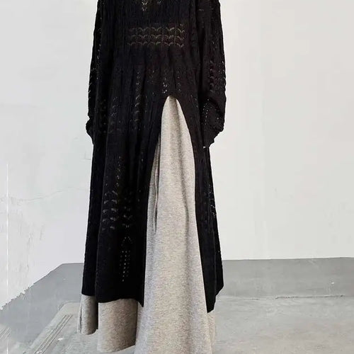 Load image into Gallery viewer, Women Black Big Size  Hollow Out Long Sweater Dress New Round Neck Long Sleeve Fashion Tide Spring Autumn 2025 1DJ0404
