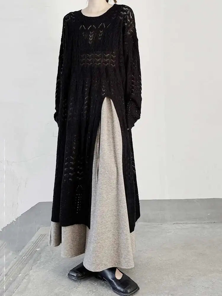 Women Black Big Size  Hollow Out Long Sweater Dress New Round Neck Long Sleeve Fashion Tide Spring Autumn 2025 1DJ0404