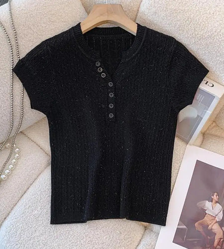 Summer Fashion 2025 New Solid Round Neck Single Breasted Knit T Shirt Women Slim Short Sleeves Festival Tops Simplicity Clothing