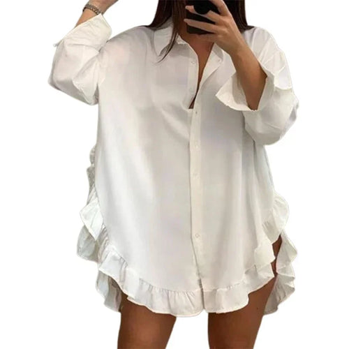 Load image into Gallery viewer, Women&#39;s White Mini Dresses 2025 Summer Spring Falbala Lapel Casual Vintage Long Sleeve Woman Party Shirts Dress Clothes
