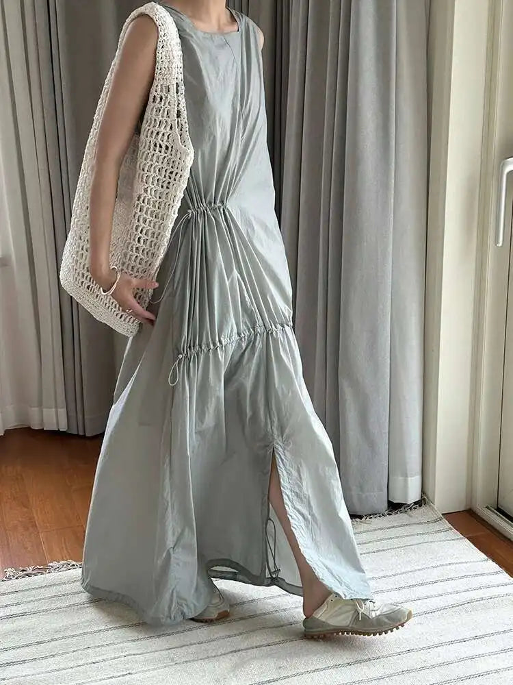 Women White Gray Big Size Long Elegant Thin Dress New Square Collar Sleeveless Fashion Tide Spring Summer 2025 1DH6054