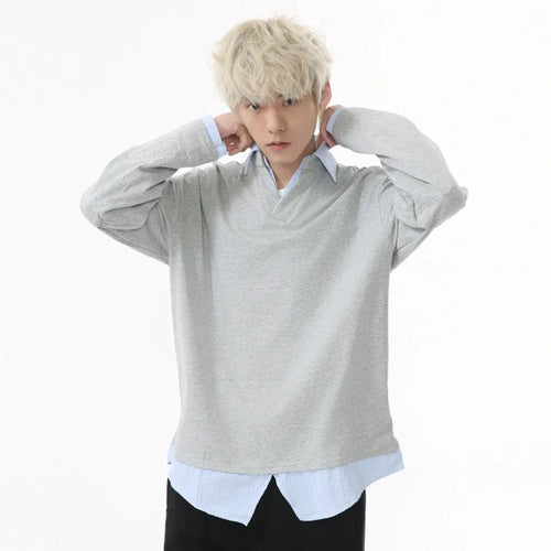 Load image into Gallery viewer, Men&#39;s T-shirts New Style Fake Two-piece Patchwork Contrast Color Splicing Lapel Long Sleeved Loose Top Summer 9W1603
