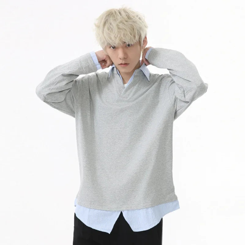 Men's T-shirts New Style Fake Two-piece Patchwork Contrast Color Splicing Lapel Long Sleeved Loose Top Summer 9W1603