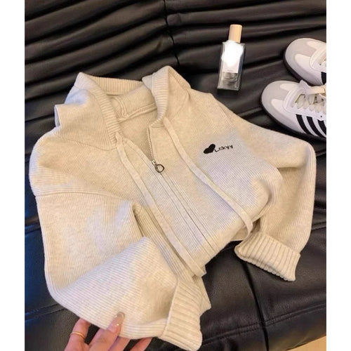 Load image into Gallery viewer, Korean New Women Beige Heart Shaped Embroidered Long Sleeve Zipper Cardigan Sweater Autumn Winter Holiday Hooded Knitwears Tops
