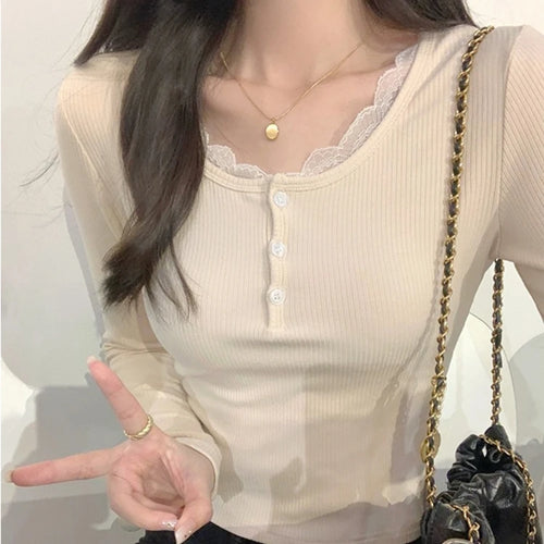 Load image into Gallery viewer, Fake Two Pieces Sweet Lace Patchwork Women T-shirt Slim Y2k Aesthetic Bottoming Crop Top Harajuku Single Breasted Grunge Tees
