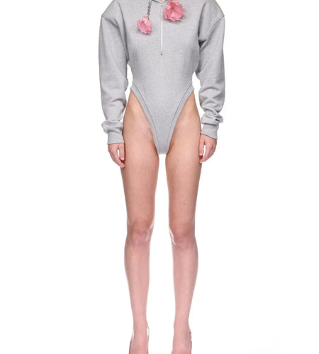 Solid Spliced 3D Flower Fashion Jumpsuit Hoodies for Women Round Neck Long Sleeves Patchwork Zipper Hoodie Female