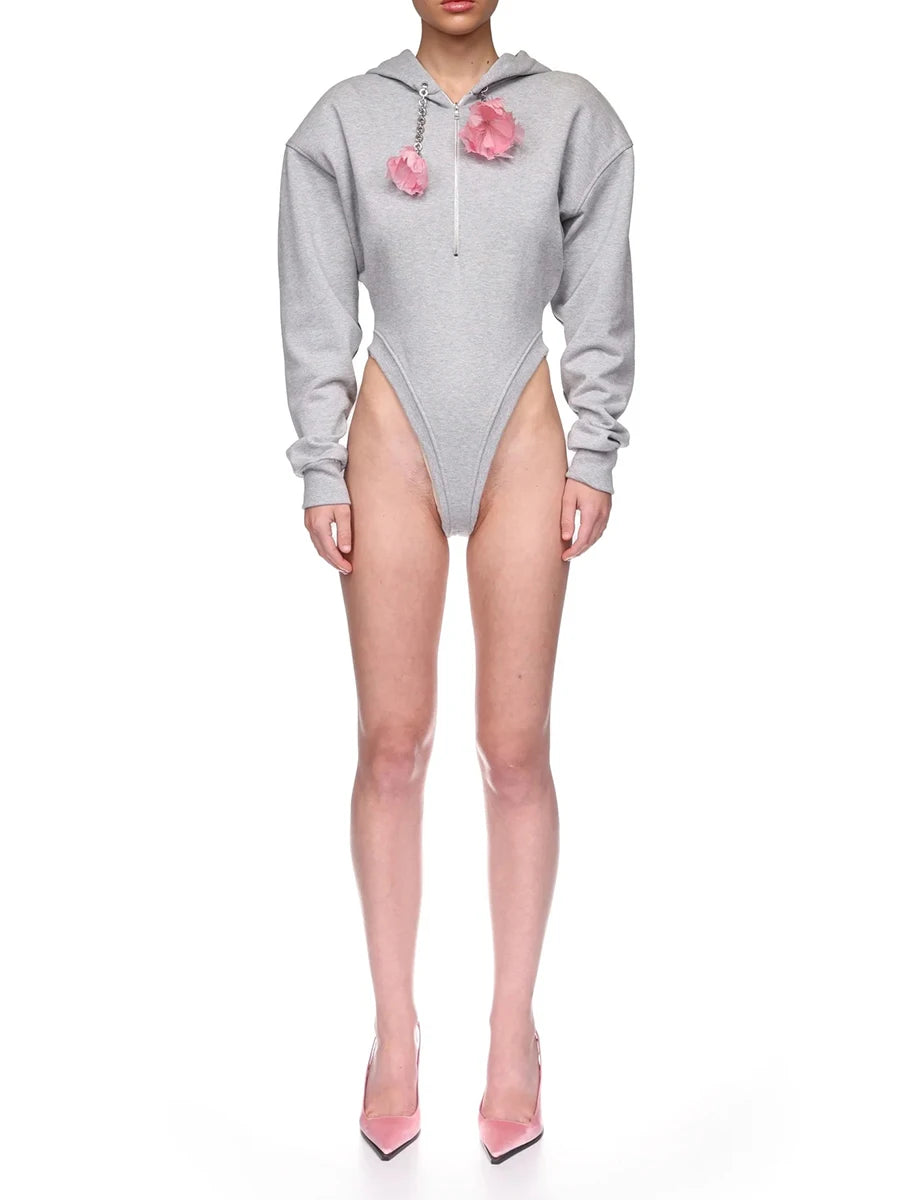 Solid Spliced 3D Flower Fashion Jumpsuit Hoodies for Women Round Neck Long Sleeves Patchwork Zipper Hoodie Female